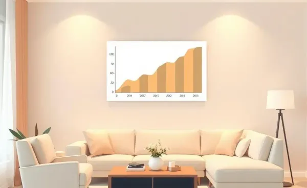 Cozy living room with a financial growth chart.