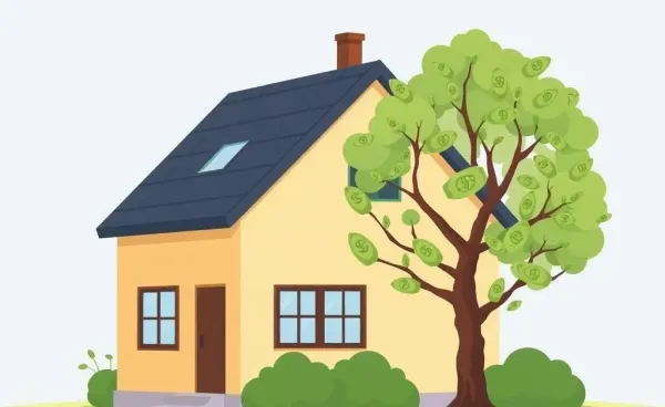 Illustration of a house with a money tree next to it, symbolizing a HELOC.