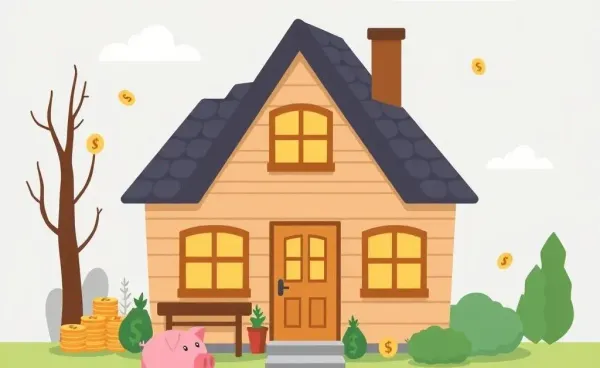 A cozy home with dollar signs and piggy banks scattered around