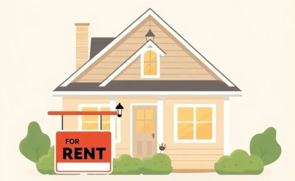 A cozy home with a welcoming 'For Rent' sign