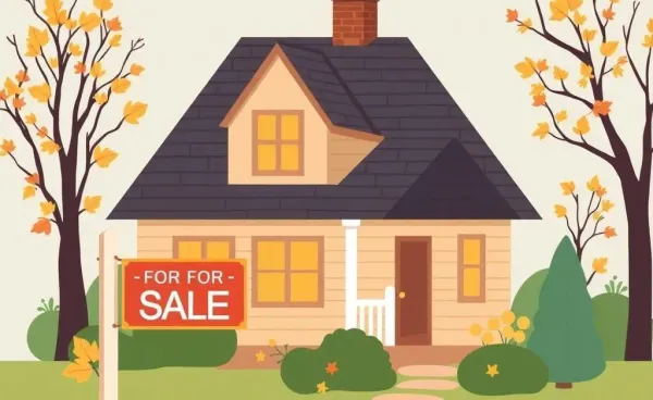 A cozy home with a 'For Sale' sign and autumn leaves