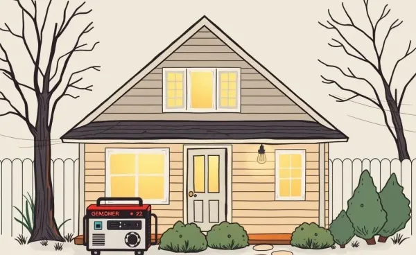 A cozy home with a generator in the backyard providing power.