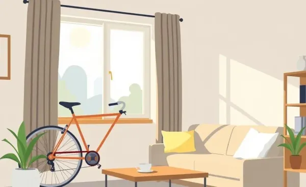 A cozy living room with a sunlit window, showcasing bicycle and insurance documents.
