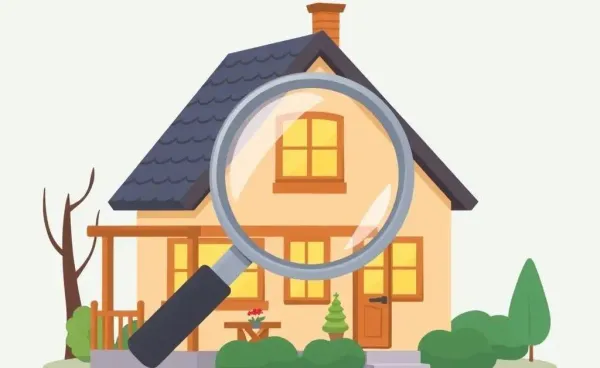 Illustration of a cozy home with magnifying glass.
