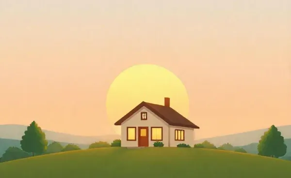 Illustration of a cozy home with a sunrise, symbolizing real estate investment.