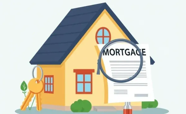 Illustration of a remortgage process with a house and mortgage document