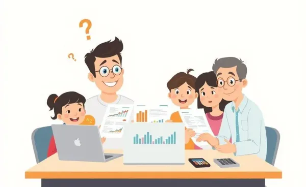Family examining mortgage documents and calculator