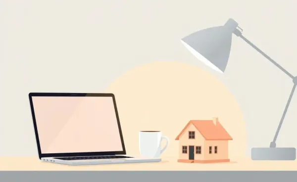 Workspace with laptop and house model for mortgage guidance