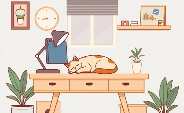 A cozy home office with a cat sleeping on the desk