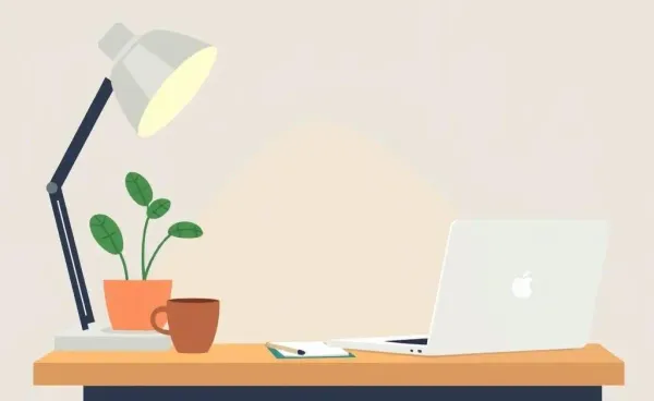 A cozy home office setup with a laptop, coffee cup, and plant