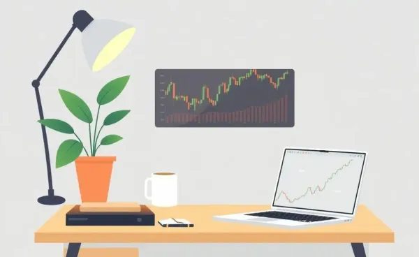 A cozy home office desk with a laptop showing a stock market chart