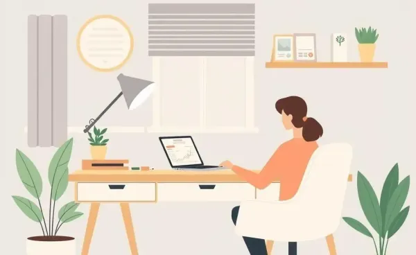 A cozy home office with a laptop displaying financial graphs.