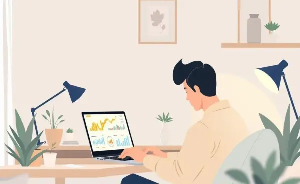 A person reviewing financial charts on a laptop in a cozy home office.
