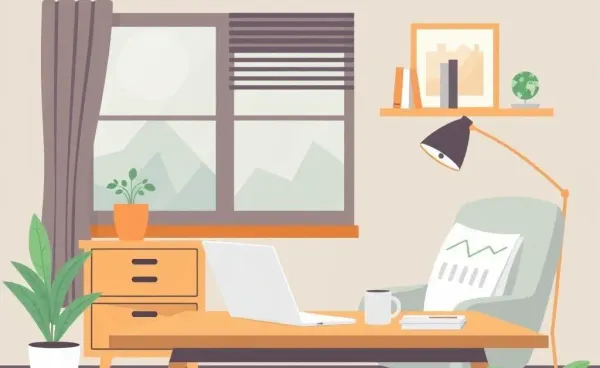A warm, inviting home office setup for real estate investing research.