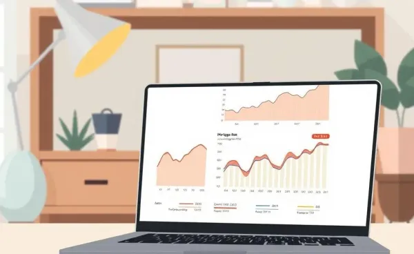 Laptop on a desk showing mortgage rate graphs in a cozy home office