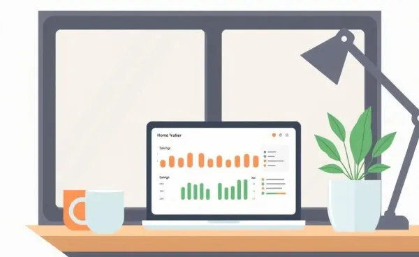 Home office setup with a laptop showing a savings tracker.