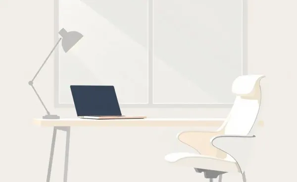 A neatly organized home office setup with a laptop and ergonomic chair