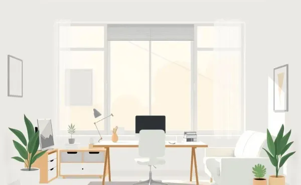 A serene, well-organized home office with sunlight streaming through the window.