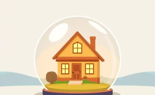A cartoon-style image of a cozy home surrounded by a protective shield