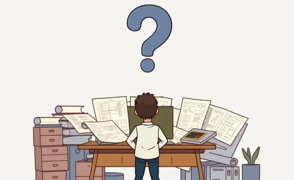 Person with blueprints and question mark considering home remodel