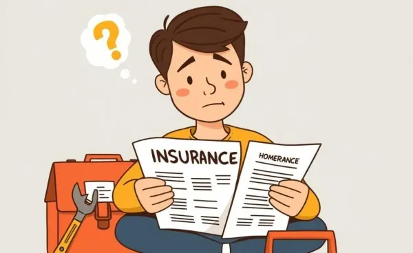 Homeowner contemplating insurance documents with a repair toolkit
