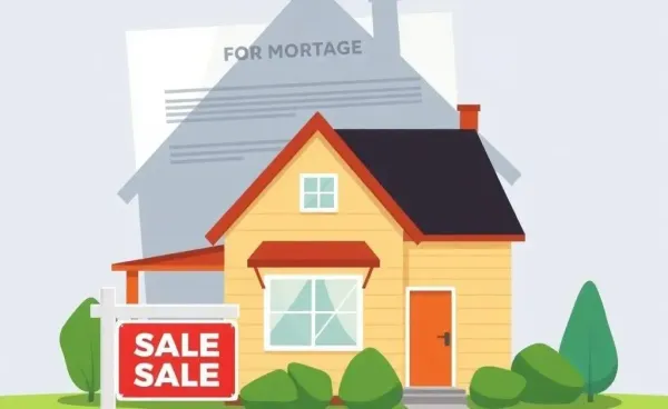 A home for sale with a visible mortgage document in the background.