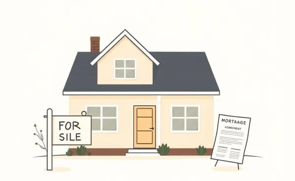 Illustration of a home for sale with a mortgage document beside it
