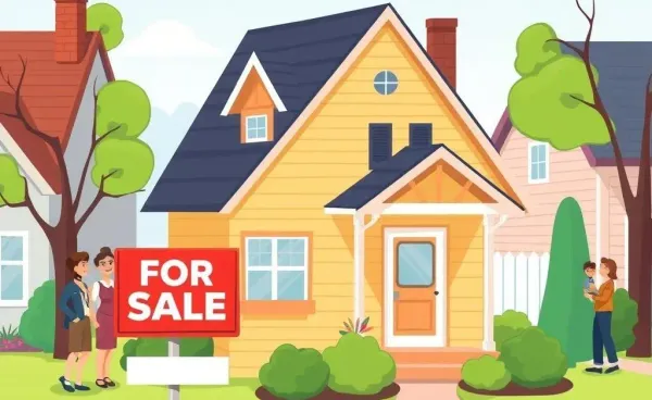 A cozy home with a 'For Sale' sign and chatting people