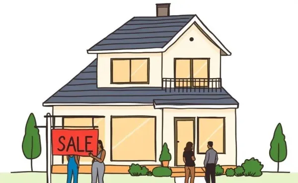 Cartoon style image of a family home with a 'For Sale' sign