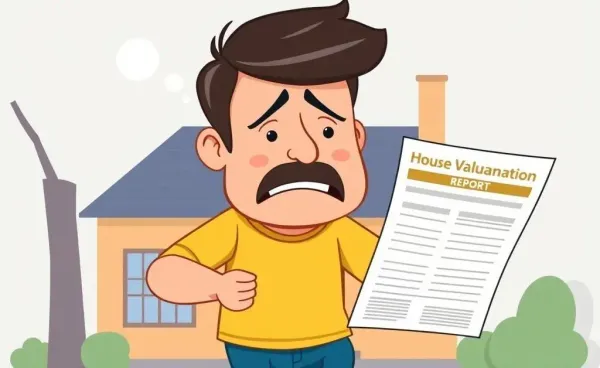 A worried homeowner looking at a house valuation report