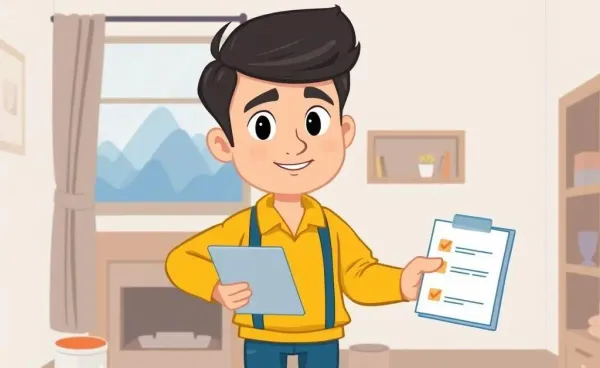 A person assessing water damage in a home with a checklist