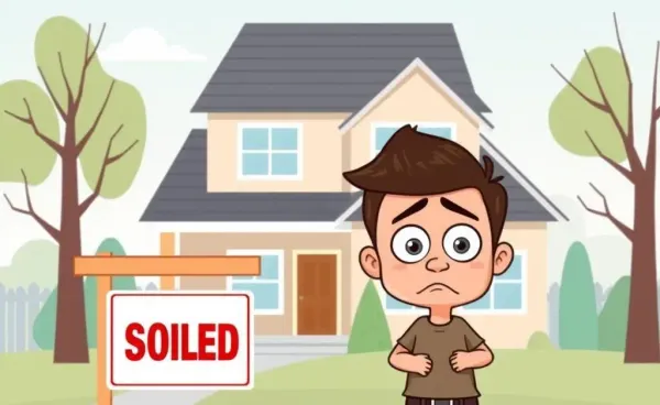 A homebuyer looking at a house with a SOLD sign and a bank notice.
