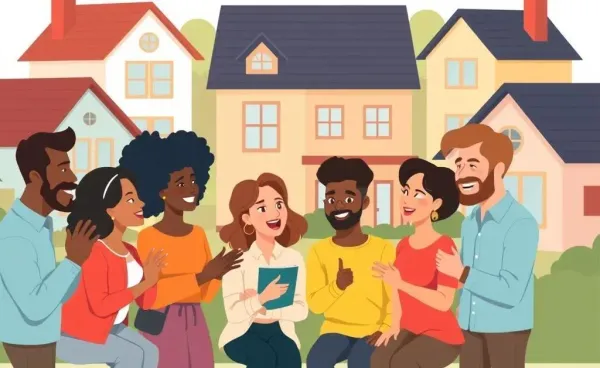 A friendly conversation about homebuying experiences with homes in the backdrop
