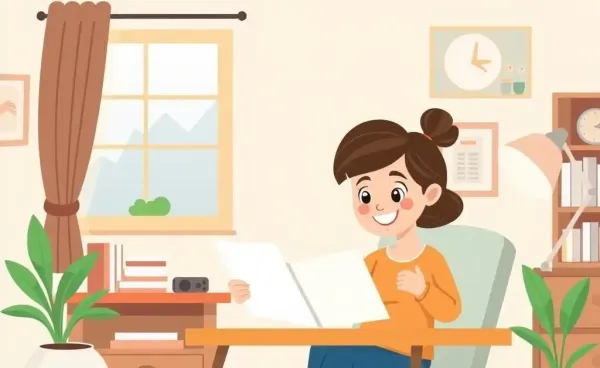 A cartoon image of a homeowner looking at financial documents with a calculator on the table.