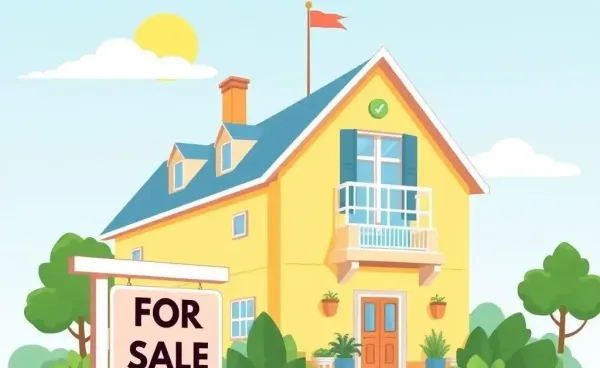 A cartoon-style hotel with 'For Sale' sign