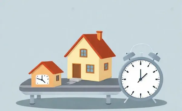 A clock next to a house on a conveyor belt representing time running out on a mortgage