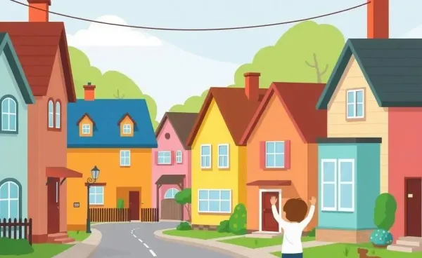 A cartoon of a diverse neighborhood with colorful houses