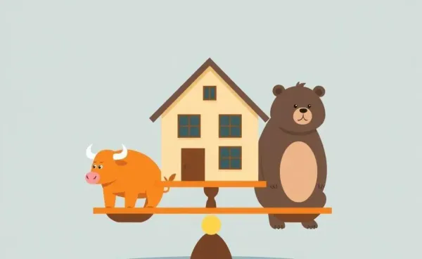 A house on a balance scale with a bull and bear