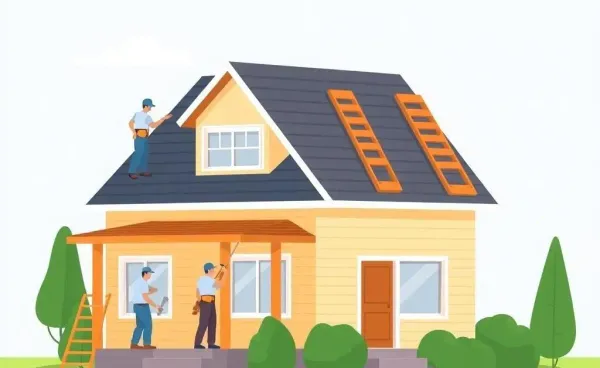 Cartoon illustration of a house with workers replacing the roof
