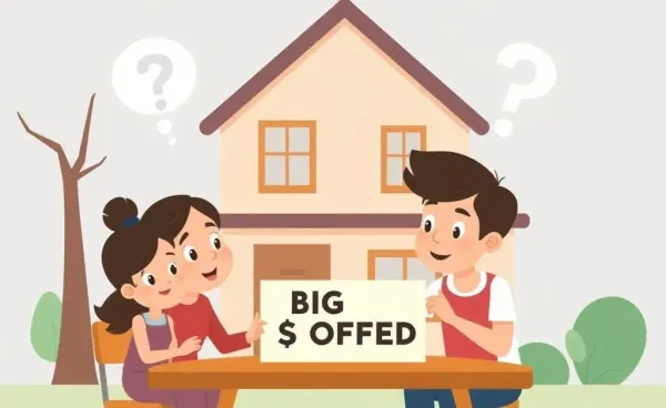 Family sitting at a table with a large offer for their home
