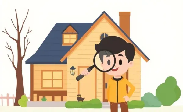Person examining a house with a magnifying glass.