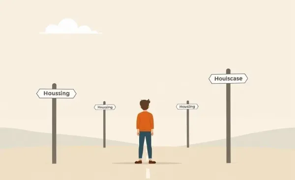 A cartoon depiction of a person at a crossroads with housing options.