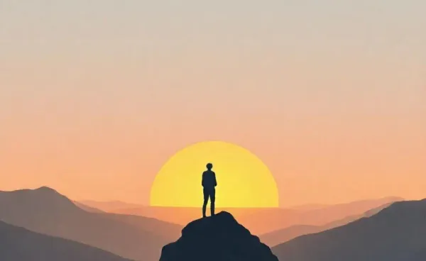 A person on a mountain peak looking at a serene sunrise, symbolizing the moment of realization between hustle and balance.