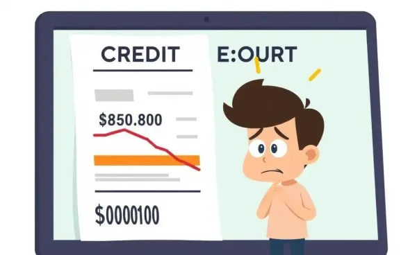 A cartoon-style illustration of a declining credit score and a worried individual.