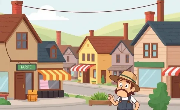 A cartoon image of a small town showing effects of tariffs