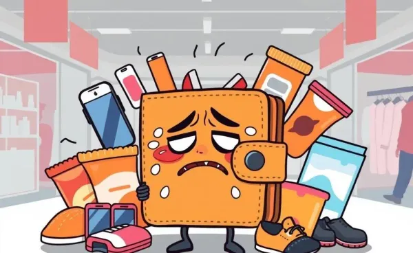 A worried wallet surrounded by potential impulse buys