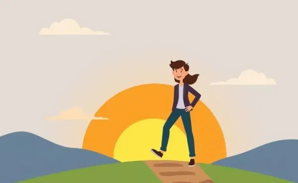 A person confidently stepping into a new career path with a sunset in the background