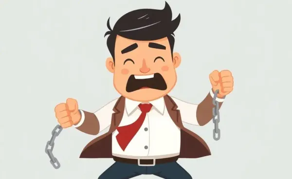 Cartoon of an insurance agent breaking free from chains.