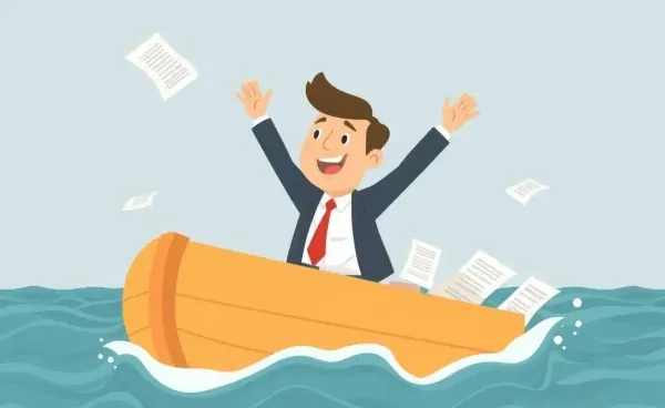 Cartoon image of an insurance agent sailing on paperwork.