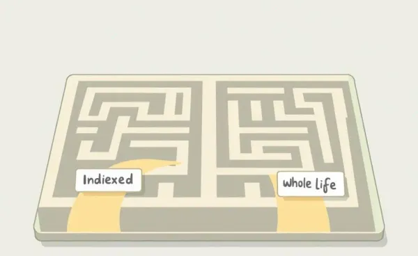 Cartoon style maze representing indexed and whole life insurance paths